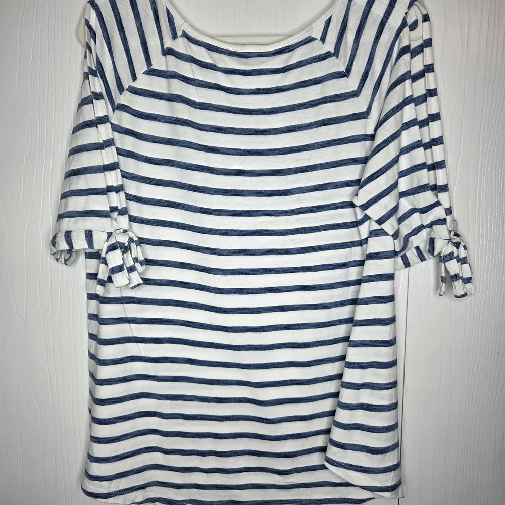 Jane & Delancey Navy White Striped Tie Sleeve Top L Nautical Coastal